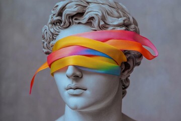 Canvas Print - Artistic representation of a classical statue with colorful ribbons covering the eyes, symbolizing perception and creativity, with a soft pastel background