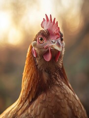 Poster - Close up view of a hen with vibrant feathers in a natural setting at sunset. Generative AI