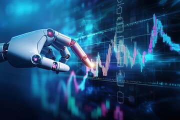 Aufkleber - Robot hand analyzing stock market data on futuristic screen
