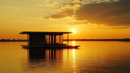 Wall Mural - serene sunset over modern floating cabin on tranquil lake