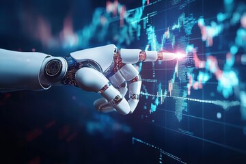 Aufkleber - Robotic arm pointing at stock market data on futuristic screen
