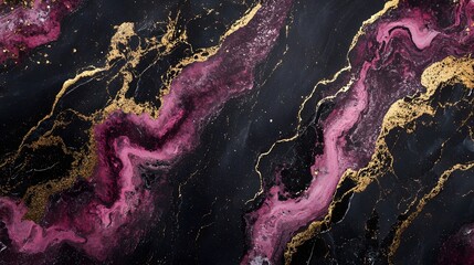 Poster - Mesmerizing abstract background with fluid swirling marble like ink splatters and textures in a dramatic color palette of deep purples pinks and accents of gleaming gold  Evokes a sense of cosmic