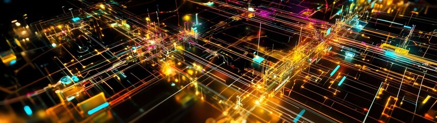Poster - Mesmerizing abstract digital technology matrix with vibrant luminescent and interconnected fractal patterns of lights lines and shapes  A dynamic energetic