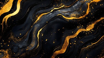 Leinwandbilder - Mesmerizing abstract fluid art composition featuring dynamic swirling golden and bronze hues against a dramatic black background with captivating glittering sparks and a visually striking