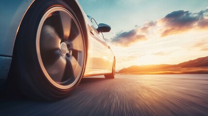 Poster - Fast car driving on open road during sunset with beautiful sky and mountain backdrop. Generative AI