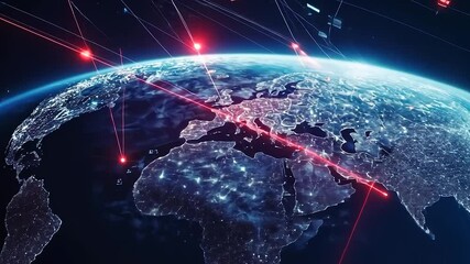 Global network connections, earth at night, data streams