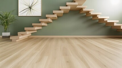 Canvas Print - Modern Minimalist Interior Design Wooden Staircase Light Wood Floor Green Wall