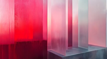 Poster - Minimalist Abstract Geometric Pink and Red Transparent Acrylic Glass Cubes Background with Reflections Depicting a Modern Contemporary and Futuristic Design Concept