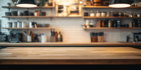 Modern kitchen interior with wooden countertop