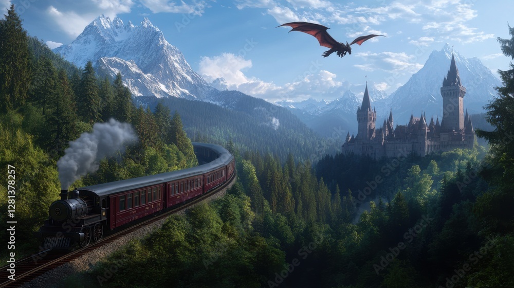 Majestic Train Journey with Castle and Dragon in Fantasy Landscape ...
