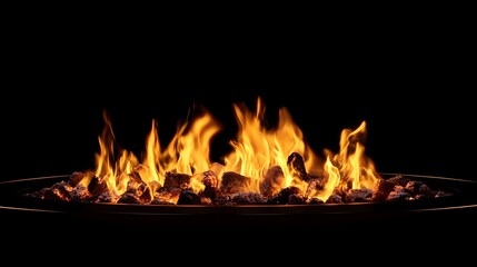 Poster - Roaring fire with brilliant flames glowing embers and intense heat in a dark mysterious environment  The scene exudes a sense of energy power and danger