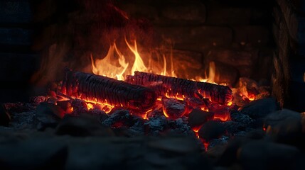Aufkleber - Roaring flames dancing in the cozy fireplace casting a warm rustic glow on the wooden logs  The fiery embers crackle and radiate intense heat