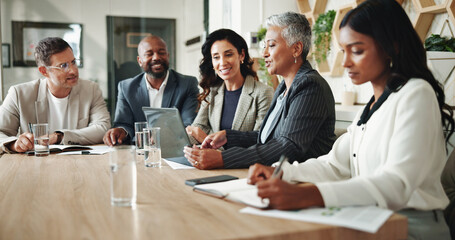 Poster - Laptop, corporate and business people in meeting with manager for feedback, website and online project. Office, teamwork and men and women with documents for collaboration, planning and proposal