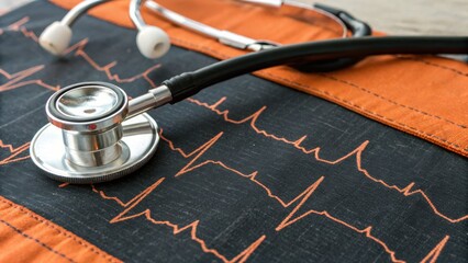 Leinwandbilder - Stethoscope on an orange medical background with heartbeat line pattern.