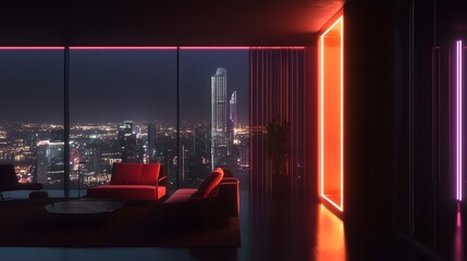 Leinwandbilder - Stunning panoramic view of a modern city skyline at night with towering glass and steel skyscrapers illuminated by vibrant neon lights and colorful reflections