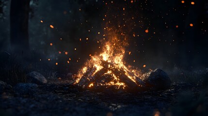 Poster - Vibrant bonfire flames lighting up a dark forest scene at night  Glowing embers and sparks amidst the burning logs create a cozy atmospheric ambiance in the natural wilderness
