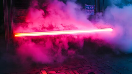 Aufkleber - Vibrant Glowing Laser Beam Cutting Through Smoky Atmospheric Mist in Futuristic Laboratory Setting with Moody Colorful Lighting and Dramatic Fog Effect