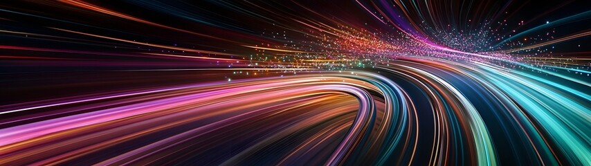 Poster - Vibrant luminous motion trails of light and energy cutting through a futuristic digital landscape creating a captivating sense of movement speed and discovery