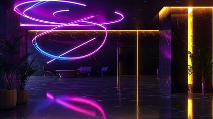 Poster - Vibrant neon abstract lights and curves in dynamic motion creating a mesmerizing and electrifying atmosphere for a futuristic nightclub scene
