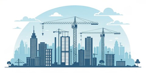 Wall Mural - A skyline illustration featuring construction cranes and buildings, showcasing urban development against a blue background.