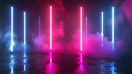 Poster - Vibrant Neon Lights Laser Display Against Dark Background Futuristic Luminous Glowing Rays and Beams Abstract Effect Modern Technology and Lighting Design