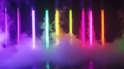 Poster - Vibrant neon lights of various colors glowing and illuminating a misty smoky atmosphere  The image creates a futuristic magical and atmospheric ambiance with its captivating blend of light color