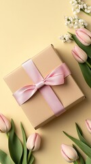 Poster - Vibrant pink and white tulips lie beside a neatly wrapped gift box against a sunny yellow backdrop in a flat lay display