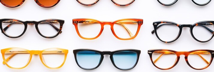 Poster - Stylish and colorful collection of eyeglasses displayed on a clean surface in bright lighting. Generative AI
