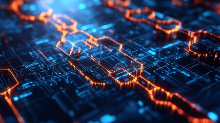digital chain glows brilliantly, linking to complex matrix secure data connections signify advanced 
