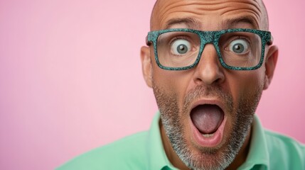 Wall Mural - Man with green glasses and a surprised expression. The man is wearing a green shirt and has a beard