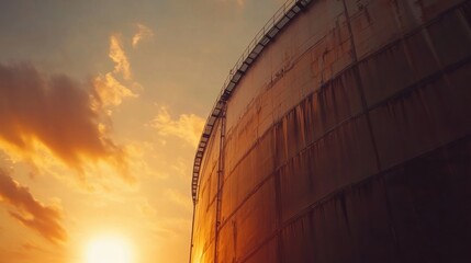 Aufkleber - Gas storage tanks silhouetted against a warm orange sunset sky in an industrial area. Generative AI