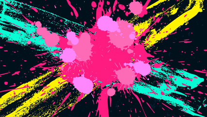 Wall Mural - Abstract grunge neon background with crossed stripes and paint drops scattered in the center.