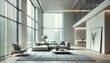 © mckay - Double-Height Minimalist Living Room with Floor-to-Ceiling Windows