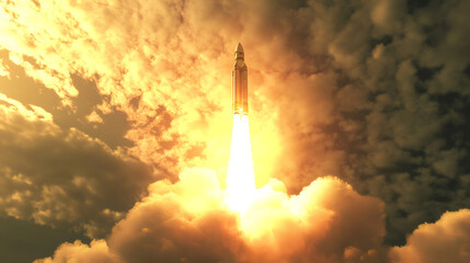 Aufkleber - Powerful space rocket launching from Earth to the Sun through dramatic clouds at sunset, exploration and achievement concept
