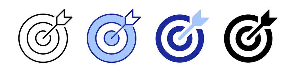 target and goal abstract vector icons set. darts icon thin line illustration in four different style