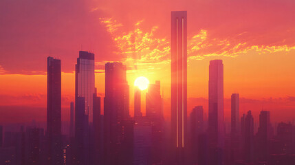 Fototapete - Futuristic cityscape featuring towering skyscrapers rising against a stunning sunrise, illuminating the vibrant orange sky with dramatic hues