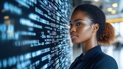African female adult programmer analyzing data on digital screen in modern office