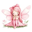 © ArmirAI - A charming watercolor illustration of a sweet fairy girl with pink hair and wings, sitting peacefully with her eyes closed, dreaming happily.