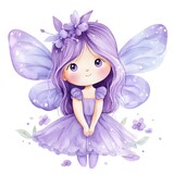 A sweet watercolor fairy with lavender hair and wings smiles charmingly, surrounded by delicate purple blossoms, embodying innocence and fairytale magic.
