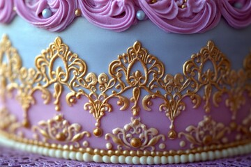 Close-up of a decorated cake showing lavender and light-blue frosting, gold detailing, and pearl accents. The gold design is ornate and intricate