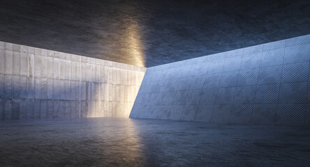 Wall Mural - light beam illuminating modern empty concrete room with geometric pattern wall