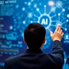 a businessman, dark hair, light skin, viewed from the back, interacts with an al application network