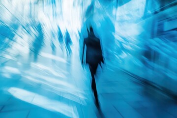 Wall Mural - abstract corporate scene with blurred professionals in motion cool blue tones architectural elements creating sense of urban energy and momentum