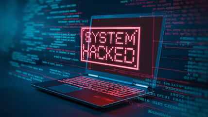 Close-up of a laptop screen displaying a neon red 