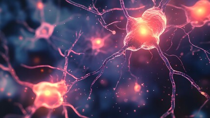 Poster - Vibrant 3D rendering of a neural network showcasing the dynamic electrochemical communication between neurons and synapses