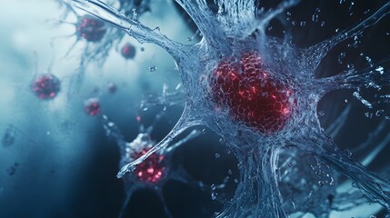 Poster - Vibrant abstract digital art depicting intricate microscopic cellular structures molecules and particles in a futuristic scientific laboratory setting