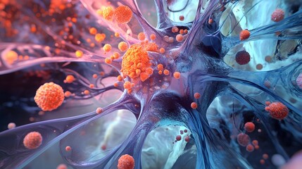 Poster - Vibrant and dynamic abstract depicting complex microscopic structures organic molecular patterns and futuristic biotech concepts  This surreal