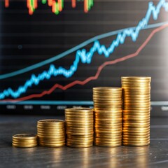 Stacks of gold coins arranged in increasing order on wooden surface with financial charts in background
