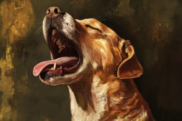 Wall Mural - Yawning Dog. Cute Sleepy Animal with Brown and Gold Background