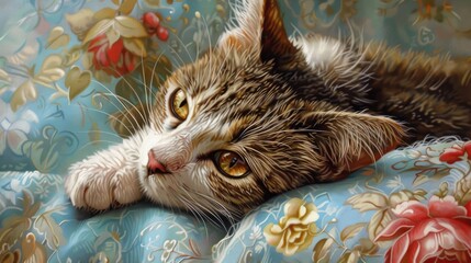 Wall Mural - A serene tabby cat resting on a floral-patterned blanket, surrounded by soft colors and gentle lighting